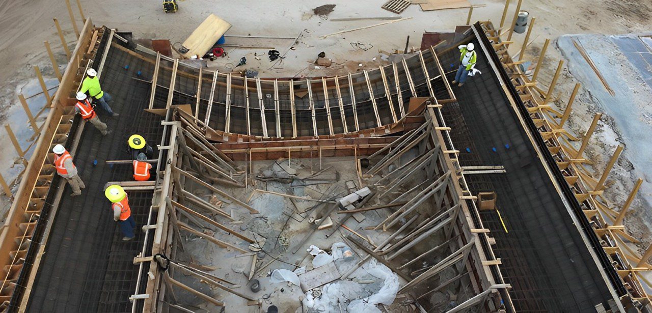 A Construction Site With Wood Beams and Workers