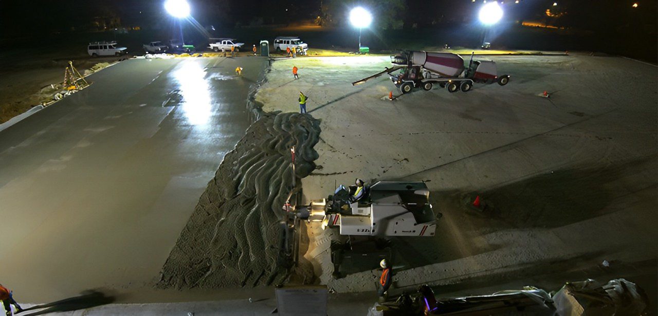 A Construction Site With Workers and Concrete Mixers