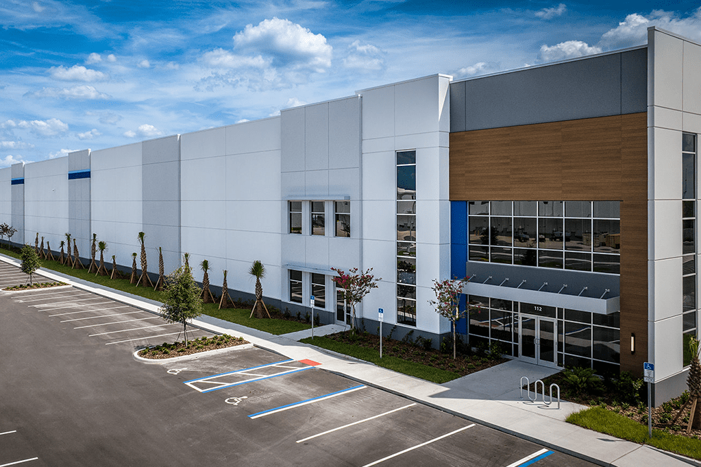 Front view of a large warehouse building